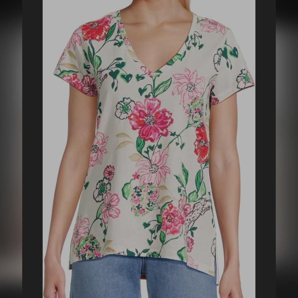 Lilly Pulitzer Floral V-Neck Tee - Pink and Green